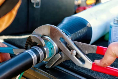 Technician repairing an industrial pipe connection in San Dimas