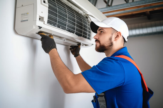 HVAC technician installing a mini split air conditioner in San Dimas