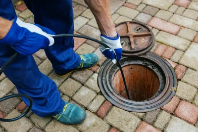 Plumber cleaning an outdoor sewer drain in San Dimas