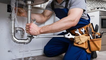 Plumber repairing pipes beneath a sink in San Dimas